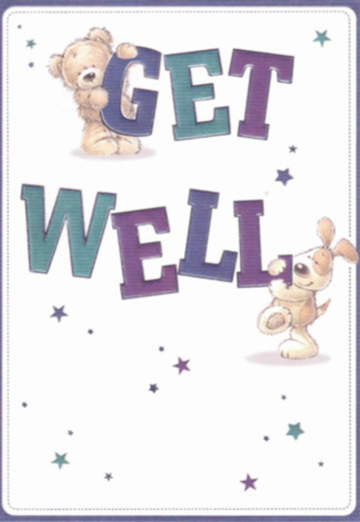Brimming with heartfelt encouragement, the illustrated get well card feels like a visual celebration akin to those found in Soho's creative heart. The cheerful bear and affectionate puppy, rendered in soft strokes and gentle textures, echo the sense of community and togetherness so familiar to customers of Soho's florists on Rupert Street. Whimsical starbursts seem to float around them, scattering good wishes and lending the design a lively urban magic. The bold, confident letters-infused with rich purples and serene aquas-anchor the scene with reassurance, their hues reminiscent of twilight along Dean Street. Every element is tactile: the bear's plush fur and the puppy's velvety ears look ready to be hugged, almost as comforting as the blooms sent on rainy mornings in Soho. Like sending a bouquet with a handwritten note, this card merges visual and emotional care, radiating positivity and heartfelt goodwill. The light, airy mood-a blend of modern Soho vibrancy and timeless kindness-lifts the spirit, making it an ideal companion to brighten anyone's recovery, whether they're convalescing above a cafe on Old Compton Street or taking a peaceful stroll down Greek Street.
