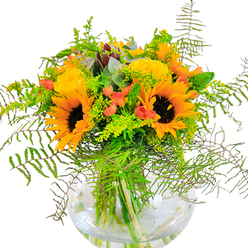The very image of sunny exuberance, this bouquet conjures up the spirit of Soho's storied streets and hidden gardens. At its heart are enormous, golden sunflowers, their dark centers encircled by blazing yellow-orange petals, offering a burst of light that mirrors the lively atmosphere of Soho Market on a bustling weekend. Harmoniously surrounding them are buttery yellow roses, their petals tightly layered in elegant, spiraled formation, imparting an air of refined charm. Contrasting dramatically with the golden tones, clusters of glossy red hypericum berries dot the greenery, evoking the vibrant red bricks and neon glimmers surrounding nearby Berwick Street. A tapestry of feathery ferns, delicate solidago, slender green spikes, and cool eucalyptus leaves unfurls beneath and around the blooms, all nestled expertly in a glass, fishbowl-style vase that allows the green stems to fan out gracefully in clear water. Each element has been selected for texture, color, and movement; together, they create a bouquet as lively and inviting as a summer stroll through Soho's hidden courtyards. Whether chosen to celebrate an anniversary, a show opening on Dean Street, or to simply brighten a creative studio, this arrangement brims with the freshness, colour, and warmth of Soho itself, a testament to expert local floristry.